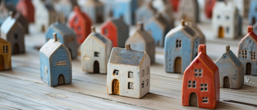 A collection of miniature houses forms a charming village, their pastel hues whispering stories of a tiny world