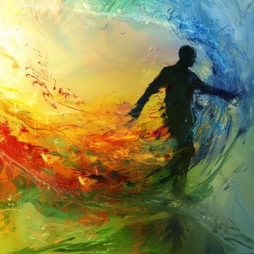 a man walking in a colorful swirl of paint