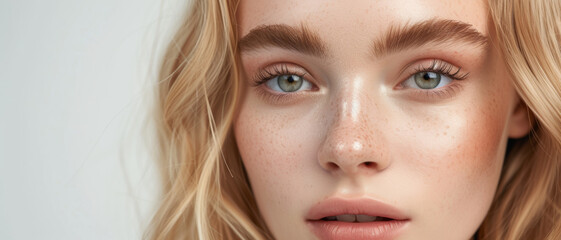 A visage of delicate beauty, her silken skin adorned with a sprinkle of freckles, speaks to the art of skincare