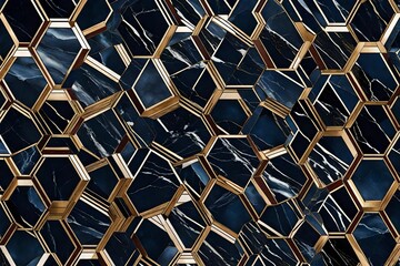 A seamless, high-quality wallpaper featuring alternating hexagon tiles of deep blue marble and rich mahogany wood, adorned with delicate white and gold accents, bordered by black seams. 8k