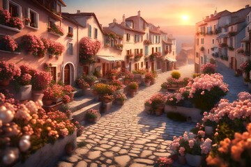 A 3D wallpaper of a sunrise, with pearl flowers on terraces and streets reflecting the new day's...