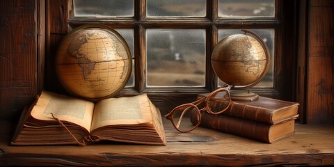 Book and Globe on Window Sill With Cityscape View