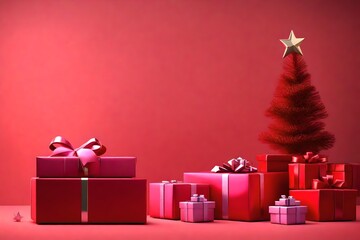 A minimalistic Christmas-themed display featuring a red and pink gift box on a solid red background. Ensure a 3D with a clipping path for each element. 8k