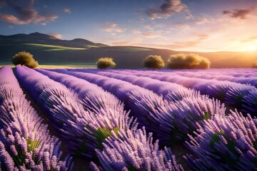 A 3D mural wallpaper showcasing a sunrise over a European lavender field, with pearl flowers...