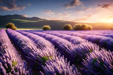 Fensteraufkleber A 3D mural wallpaper showcasing a sunrise over a European lavender field, with pearl flowers glistening in the early light, creating a serene and vibrant scene. 8k © Muhammad