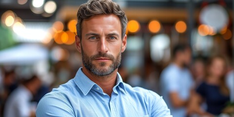 Portrait of a Handsome Man in a Blue Shirt at an Outdoor Cafe - obrazy, fototapety, plakaty