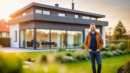 Denmark, Copenhagen: Happy Home Owner or Gardener Standing in Front of Modern Eco House, Home Ownership, Real Estate Buying, Sustainable Living, Future Housing.