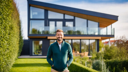 Denmark, Copenhagen: Happy Smiling Home Owner Standing in Front of Modern Eco House, Home Ownership, Real Estate Buying, Sustainable. Danish, Swedish, Finnish, Norwegian, Nordic.