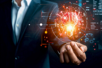 close up of Business Innovation and Strategy Concept with Light Bulb Brain Graphic Interface. Technology and innovation business concept
