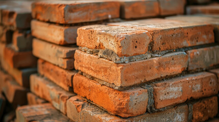 Stack of red bricks on a construction site with a soft focus background.