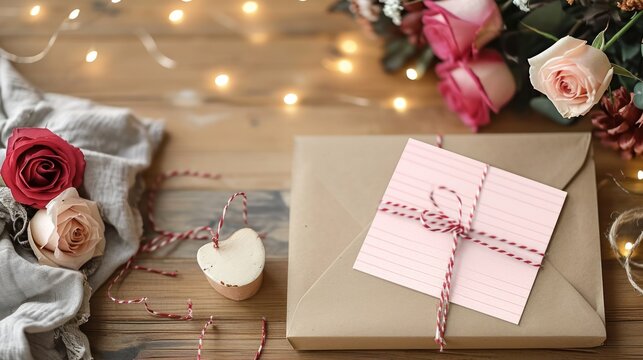 Composition for valentine's day blank card on wooden table with mockup space premium photo