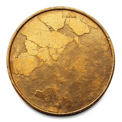 Golden mockup coin, empty coin with worn surface. Isolated on white. Ready for clipping path.