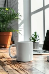 Fototapeta na wymiar White mug mockup on modern stylish workplace with laptop. Cup mockup.