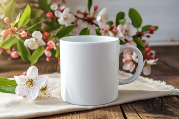 White coffee mug mockup with apple blossom