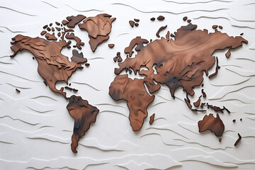 Stylized Wooden World Map in High Relief on a White Background