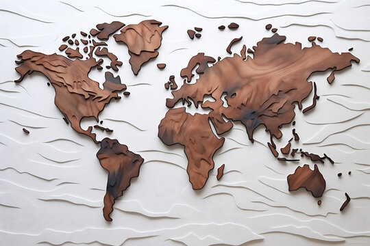Fototapeta Stylized Wooden World Map in High Relief on a White Background