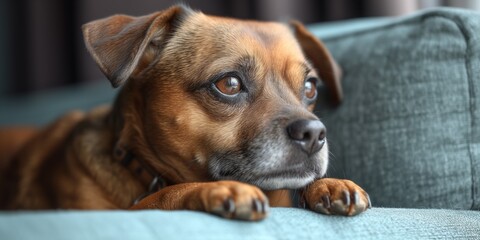 Obraz premium Pensive Brown Dog Lounging on a Grey Sofa