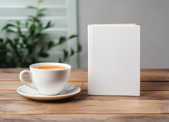 Book mockup and cup at wooden table. Reading leisure, relaxation with tea or coffee mug, harmony concept. Novel, encyclopedia, code template with empty cover.