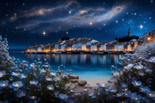 A 3D mural wallpaper depicting a starry night sky over a European coastal town, with pearl flowers glowing softly along the shoreline, creating a peaceful and dreamy atmosphere. 8k