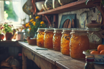 Jars of orange jam or honey, preparations or supplies of sweets for the winter in the village.