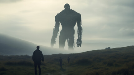 Giant humanoid silhouette in the sky between clouds