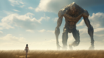 Giant being in a field with clouds in the background