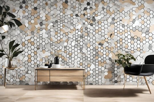 An elegant wallpaper showcasing hexagonal tiles of serene grey marble and light oak wood, each hexagon graced with sophisticated white and gold decorations, neatly joined with black seams. 8k