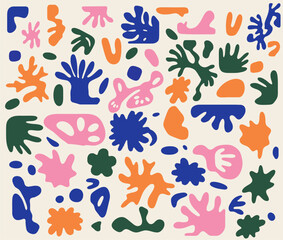 A set of organic floral figures hand drawn in ink. Abstract shapes in modernism and fauvism boho style.