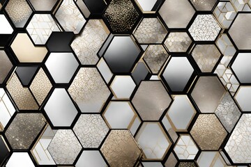 Wallpaper featuring hexagons of shimmering silver glass, each piece detailed with delicate white and gold motifs, tied together by dark black seams for a sophisticated look. 8k