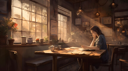 "Sunlit Serenity: Peaceful Reading in a Cozy Cafe Corner" AI-Generative