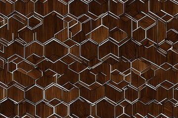 A wallpaper design featuring hexagons of rich chestnut wood, enhanced with white and gold accents, joined by sleek black seams for a luxurious touch. 8k