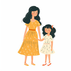 hand drawn of cute mother and daughter, clip art, isolated on a white background, clip art, flat illustration Generative AI