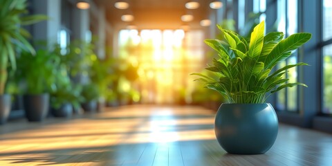 Green Plant in Blue Vase on Wooden Floor