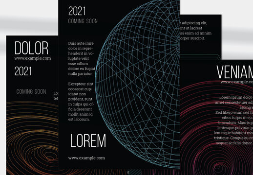 Flyer Layout with Geometric Wireframe Shapes on Black