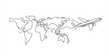 One continuous line drawing of Earth globe with airplane. Flight route path on world map in simple linear style. Travel and flight airline symbol concept. © mitay20