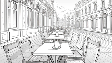 Street cafe with tables and chairs in the old European town. Sketch illustration for coloring book.