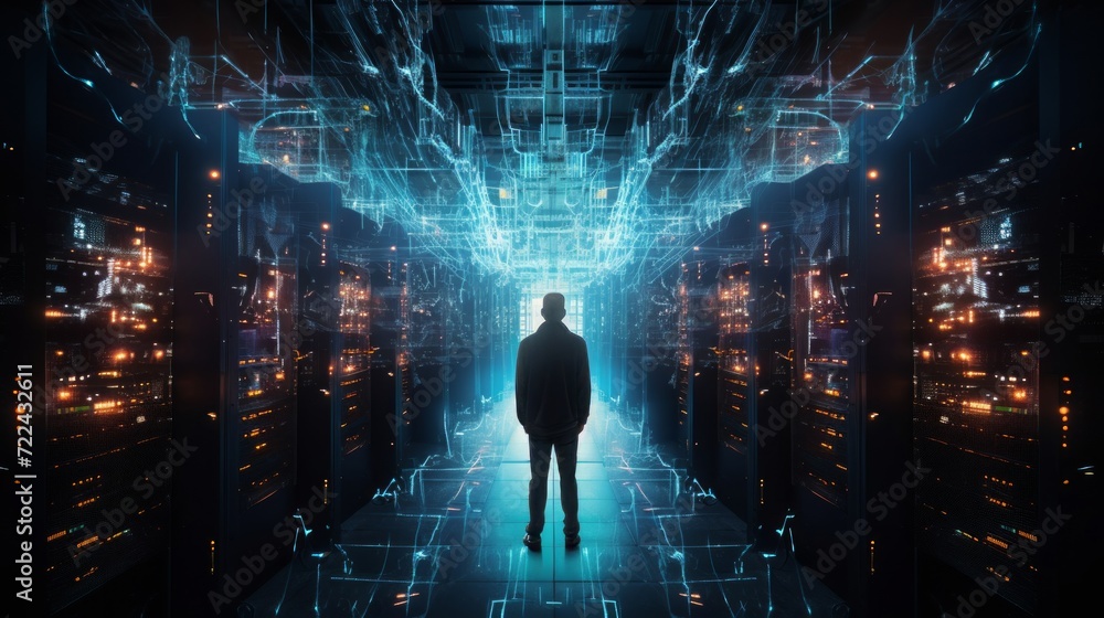 Aufkleber silhouette of a male hacker in a server room. neural network ai generated art