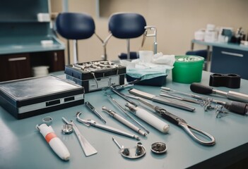 Top down view on various dental instruments such as syringe, toothbrushes, false teeth, pliers, mouth mirror, floss, picks, drill, scissors and mask