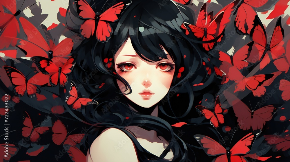 Wall mural generative ai art of anime girl with butterflies