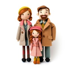 toy Family. Mom, dad, child. People. Rag dolls. cute characters. toys made of fabric and felt adult woman in coat, adult man and child isolated on white background