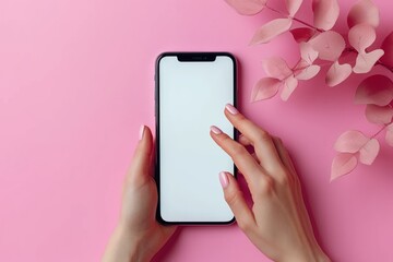 Woman using smart phone on pink background. Closeup of female hands with natural manicure with a mobile phone. Online shopping, business, education, communication concept. Isolated white screen mockup