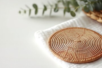 rattan coaster and white fabric background for cosmetic products. top view, copy space.