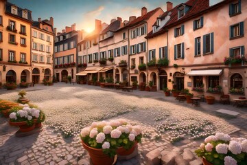 A mural of a European old town square at sunrise, with pearl flowers decorating historic buildings,...