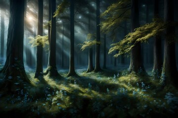 A 3D mural wallpaper depicting a majestic European forest scene, where pearl flowers emerge from the undergrowth, illuminating the scene with their soft, ethereal glow. 8k