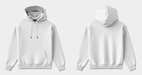 Template blank flat white hoodie. Hoodie sweatshirt with long sleeve flatlay mockup for design and print. Hoody front and back top view isolated on white background