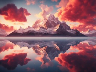 Naklejka premium Beautiful mountains reflected in lake with a cloud reflection and sunrise