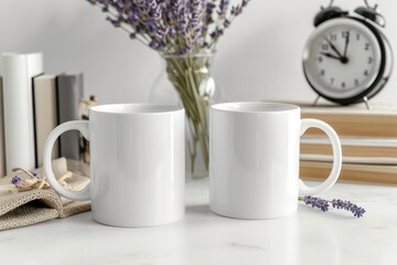 Two white mugs mockup with a lavender in a vase, book and a clock on a white table.