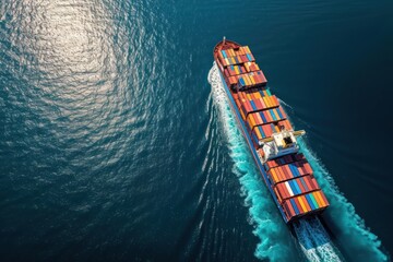 High aerial top down view of a large container cargo ship in motion over open ocean with copy space as a concept for import and export industry