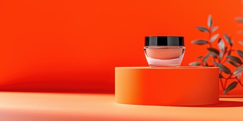 Cosmetic tonal foundation glass jar mockup on geometrical podium orange background. Balancing makeup product Smooth BB liquid cream facial skin. Skintone correction. Modern minimal presentation Banner