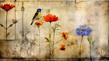 Vintage background with flowers and birds on grunge textured paper